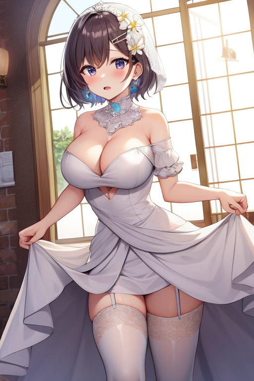 bridal, jewelry, hair ornament, large breasts, cleavage, hair flower, short hair, open mouth, thighhighs, rose